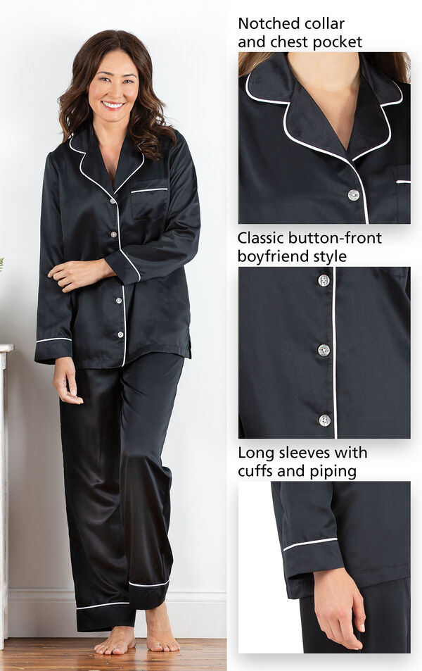 Close-ups of the features of Satin Pajamas with Piping which include a notched collar and chest pocket, classic button-front boyfriend style and long sleeves with cuffs and piping image number 3