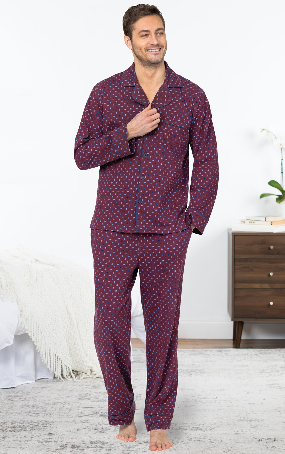 Foulard Classic Button-Front Pajamas - Burgundy in Men's Cotton Pajamas ...