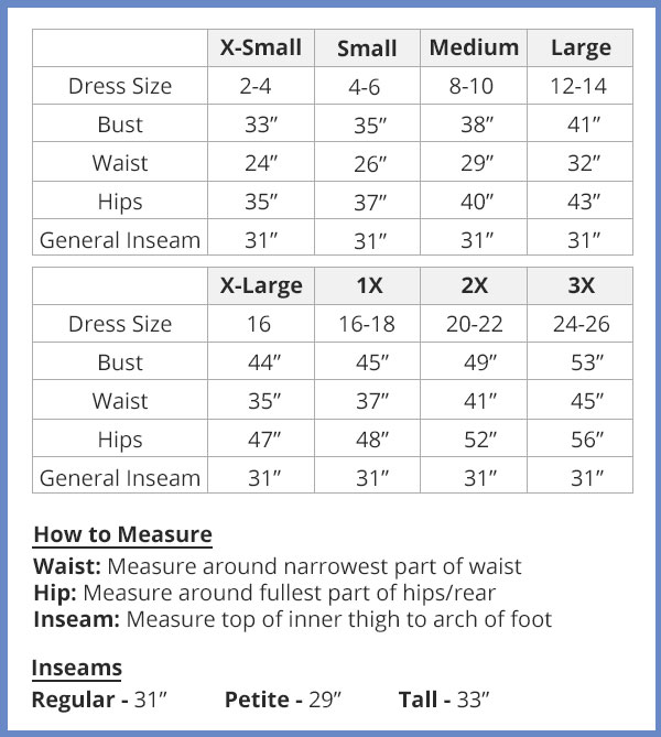 An image of our Size chart, detailing pajama sizes from extra small to size 3x