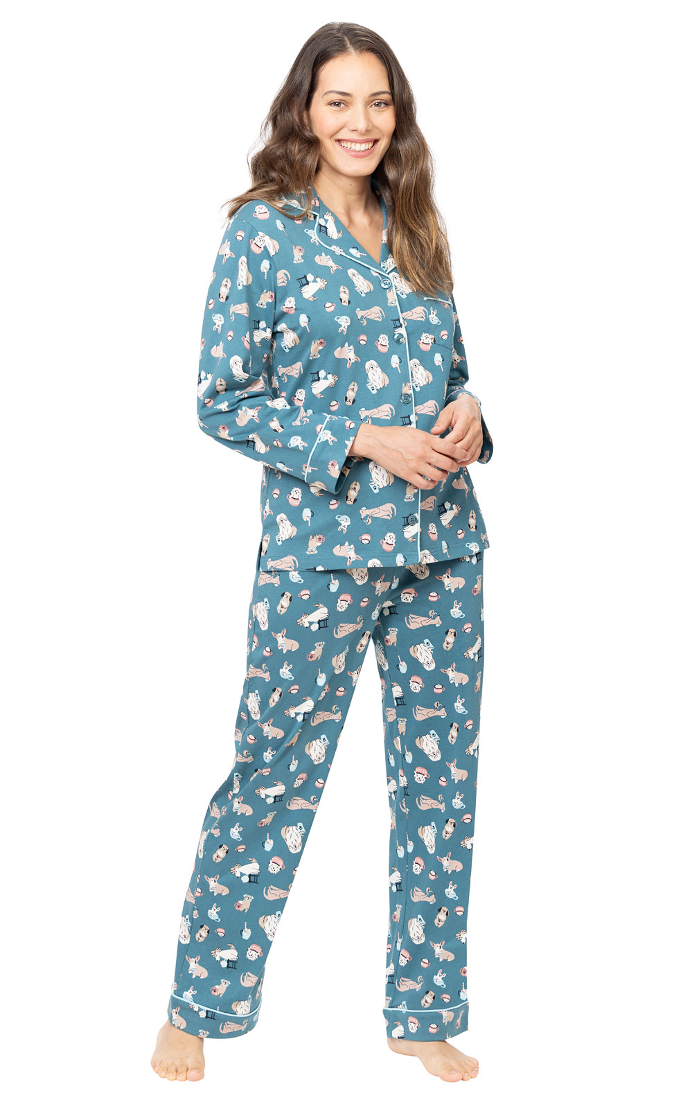 Coffee Dogs Button-Front Pajamas - Teal in Women's Cotton Pajamas ...