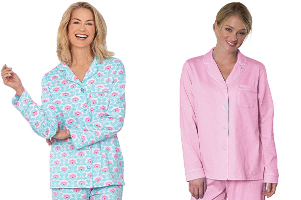 An image of 2 models wearing PajamaGram Heart2Heart Gingham Boyfriend and PajamaGram Modern Floral Boyfriend Pajamas