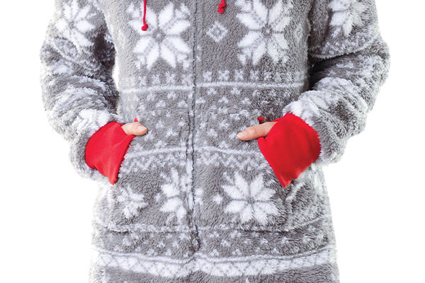 A model wearing PajamaGram Hoodie-Footie Nordic Fleece Pajamas