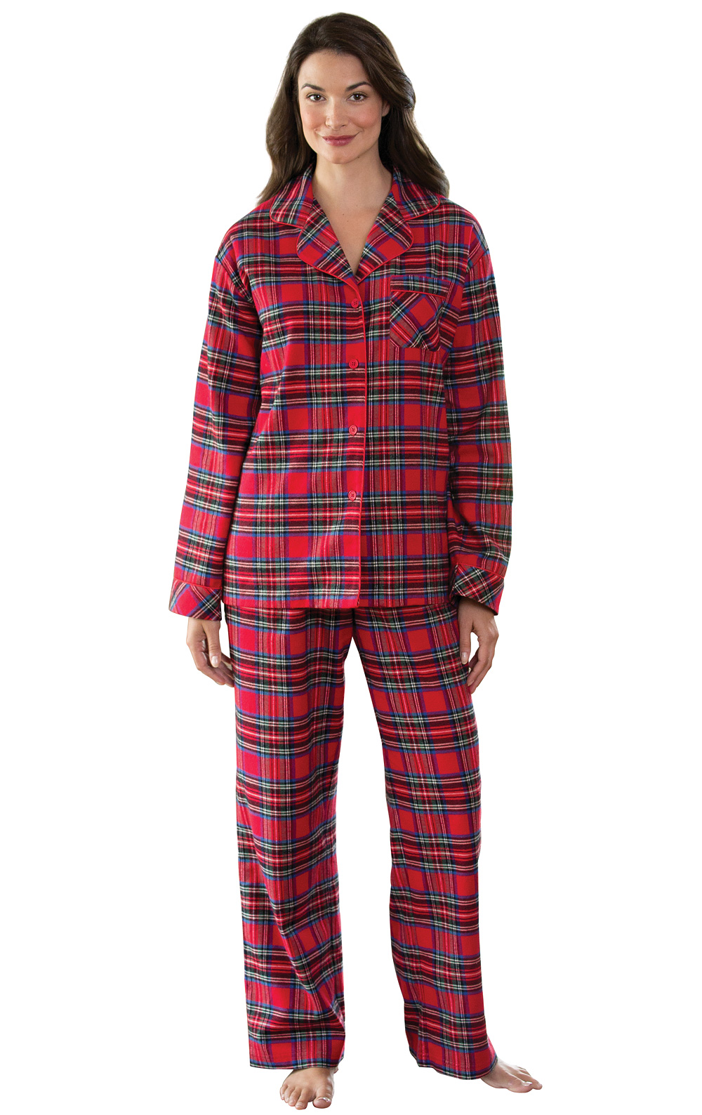 PajamaGram Big Girls Flannel Classic Plaid Pajamas with Long-Sleeved Top