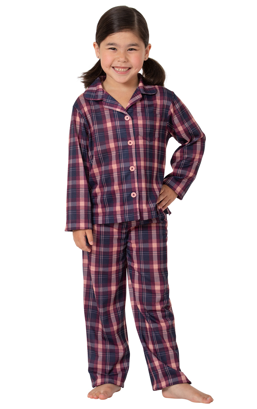Button-Front Girls Pajamas - Plum Plaid