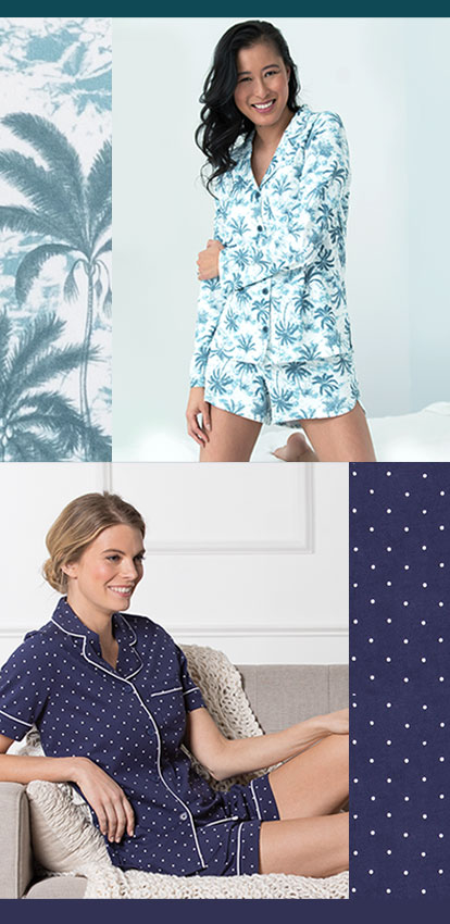 A collage of models wearing PajamaGram short sets, including Classic Polka-Dot Short Set in Navy, Breezy Jade Cooling Shorts and our Coffee Lover Short Set