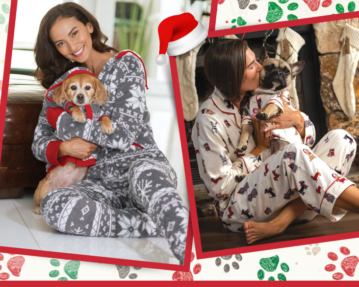 A collage of models and their pets wearing matching PajamaGram pet and owner pajamas