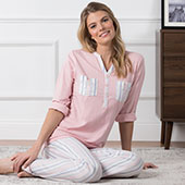 A model wearing PajamaGram Soft Stripe Henley Pajamas