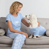 View women and dog matching pajamas