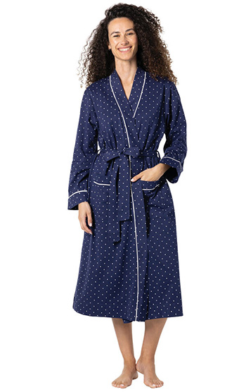A model wearing Classic Polka-Dot Mid-Length Robe in Navy